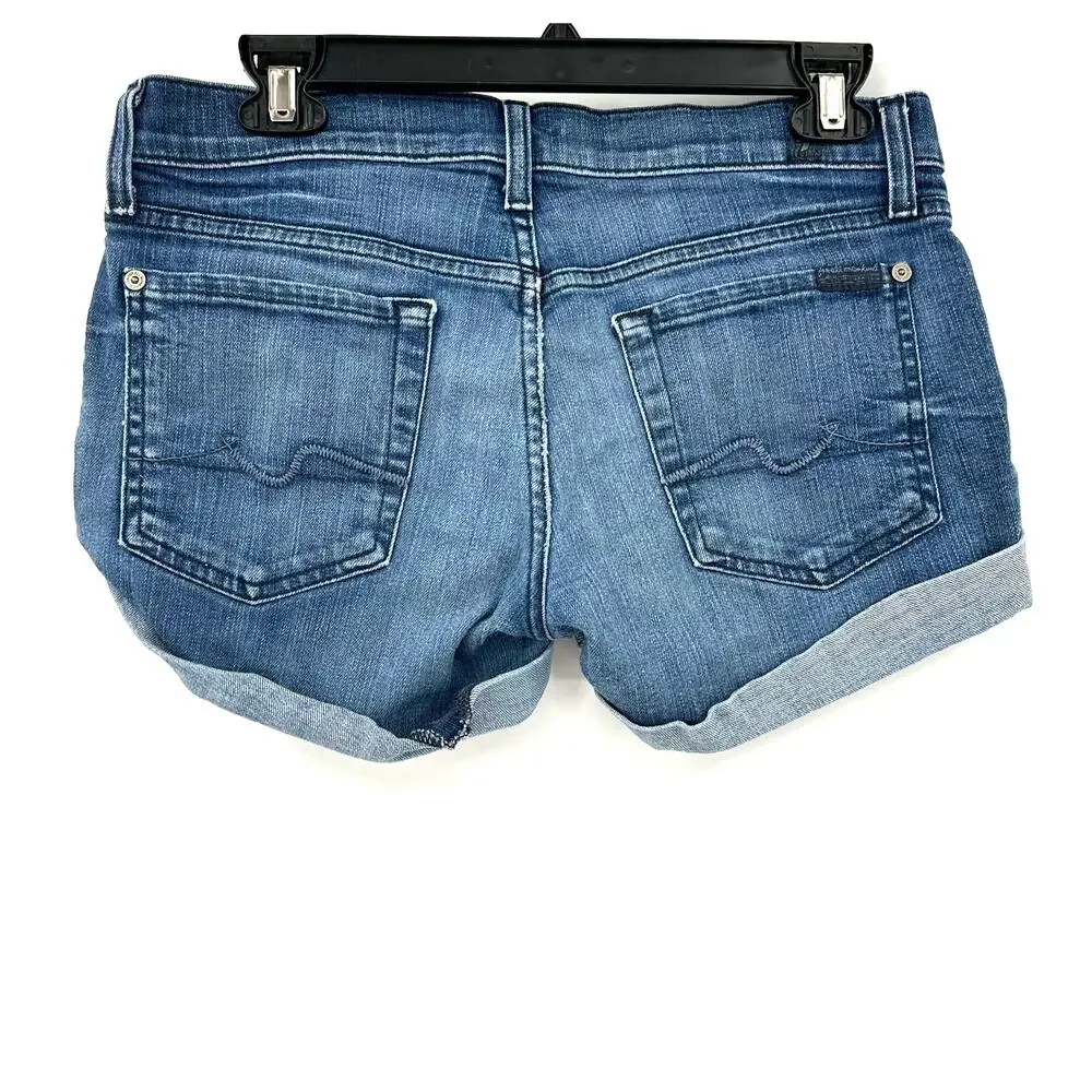 7 For All Mankind Size 28 Denim Blue Jean Shorts‎ Cutoff Rolled Hem Five Pocket